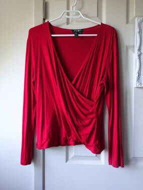 Lauren Ralph Lauren Red Long-Sleeve Faux Wrap Blouse
